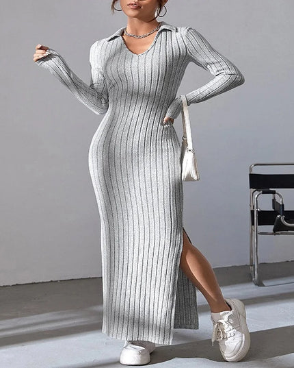 Spring and summer 2024 new style knitted slim lapel long sleeve dress pit strip solid color tight skirt