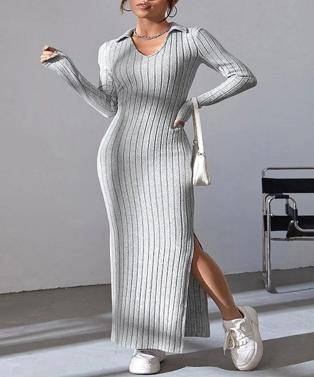 Spring and summer 2024 new style knitted slim lapel long sleeve dress pit strip solid color tight skirt