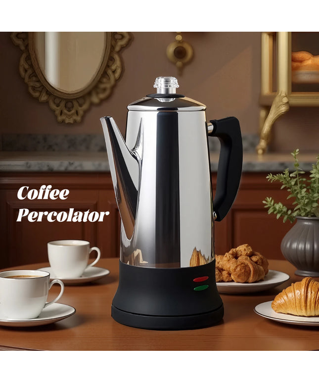 Electric Coffee Percolator 1.8L 12 Cup Stainless Steel Pot Urn Kettle Keep Warm Reusable Filter Basket Home Office Coffee Maker