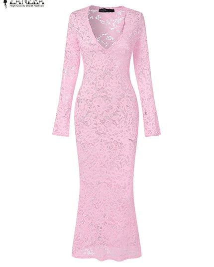 ZANZEA Women's Sexy Tight Clubbing Party Dresses Deep-V Neck Long Sleeve See-Through Lace Bodycon Long Dress Plus Size 5XL