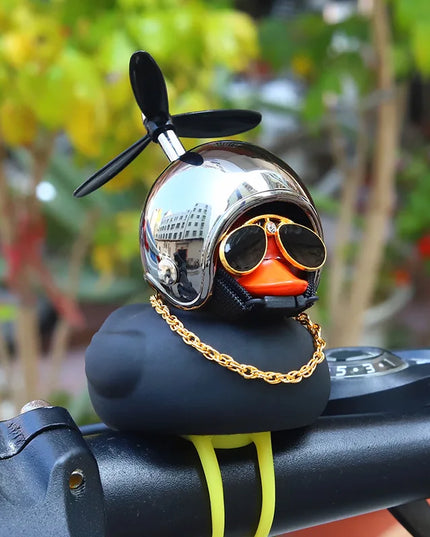 Cool Black Rubber Duck Toy Bike Car Ornaments Dashboard Decorations Squeeze Duck Bicycle Horns with Propeller Helmet for Kids