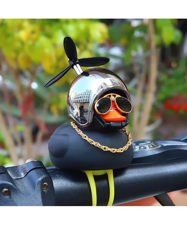 Cool Black Rubber Duck Toy Bike Car Ornaments Dashboard Decorations Squeeze Duck Bicycle Horns with Propeller Helmet for Kids