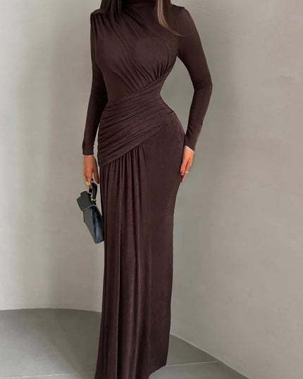 Nibber Folds Maxi Dress Women o-Neck Full Sleeve Solid Banquet Elegant Vacation Fashion Autumn Skinny Casual Simple Vestidos