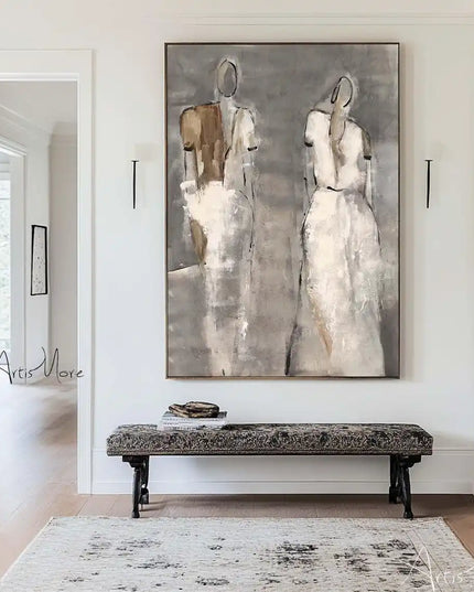 Mhemyo Wabi Sabi Wall Art Woman Figure Hand Painted Painting Large Grey Beige Textured Painting Vintage Figurative Canvas Art