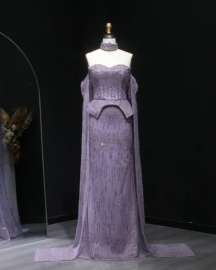 Sharon Said Luxury Grey Crystal Evening Dress with Cape Sleeves 2025 Elegant Off-Shoulder Weddin Party Gown SS558 Customized