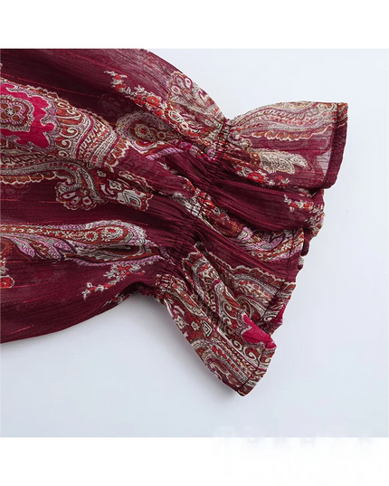 KONDALA Vintage Red Flower Print Chiffon Long Dress Long Sleeve O Neck Ruffles Loose Dress Fashion 2025 Spring Autumn Boho Dress