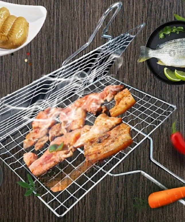 Stainless Steel Foldable And Thickened Barbecue Net Rack With Large Capacity For Grilling Chicken BBQ Grilling Basket WithHandle