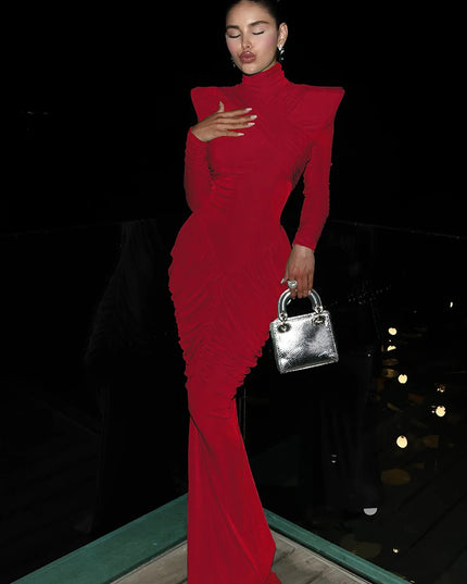 Weird Puss Autumn New Style Maxi Dress Women Turtleneck Full Sleeve Backless Skinny Stretch  Prom Party Ruched Elegant Vestidos