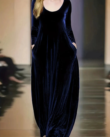 Plus-size European and American cross-border autumn and winter solid color casual elegant pocket velvet long dress