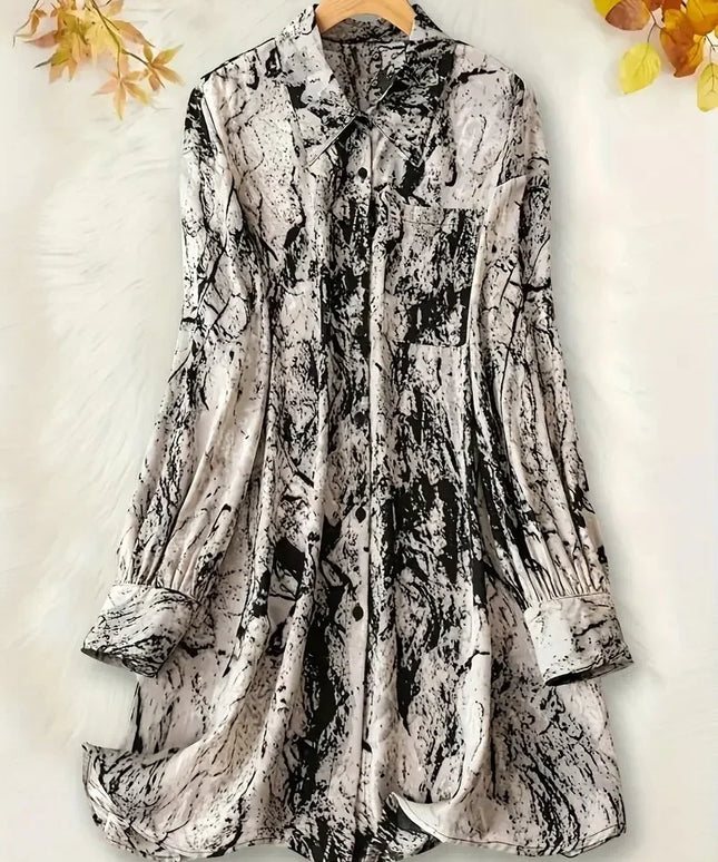 Women's Plus Size 1XL-5XL Marble Print Long Sleeve Button Up Lapel Collar Tunic Shirt Top  Elegant and Flattering Fit