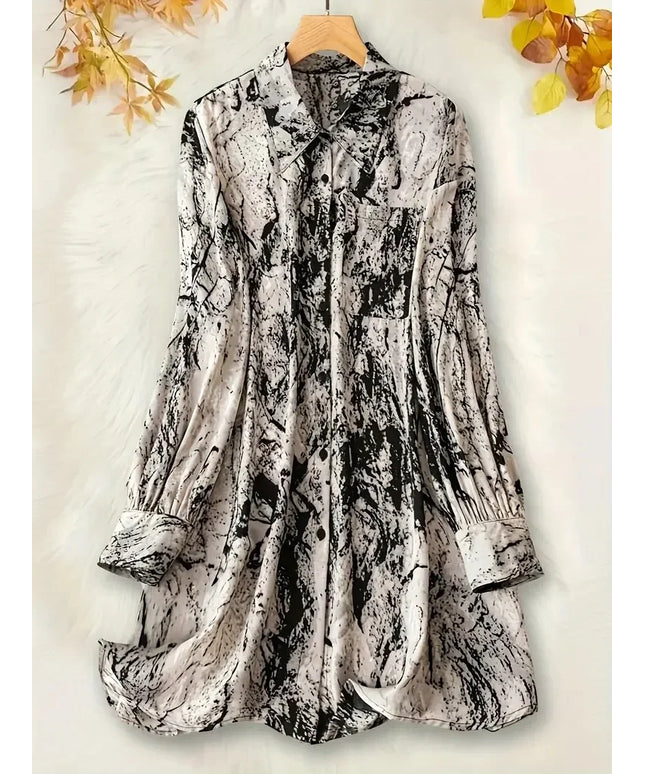 Women's Plus Size 1XL-5XL Marble Print Long Sleeve Button Up Lapel Collar Tunic Shirt Top  Elegant and Flattering Fit
