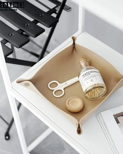 Leather Tray Foldable Table Catchall Storage Box Jewelry Key Coin Desk Top Organizer Entryway Nightstand Home Office Decoration