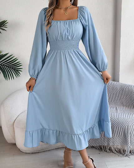 Spring Summer Elegant High Waist Square Neck Long Sleeve Ruffled Edge Long Dresses for Bridesmaids Red Blue Khaki Women Dresses