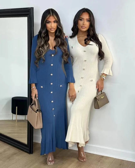 Elegant Knitted Long Dress Women Flare Sleelve V Neck Ruffles Single Breasted Bodycon Dresses Party Fashion Office Lady Vestidos