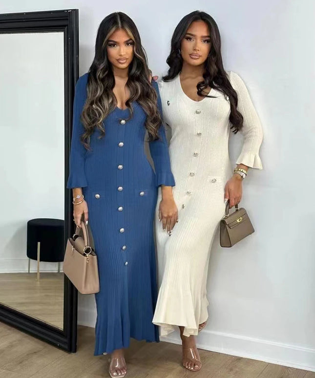 Elegant Knitted Long Dress Women Flare Sleelve V Neck Ruffles Single Breasted Bodycon Dresses Party Fashion Office Lady Vestidos