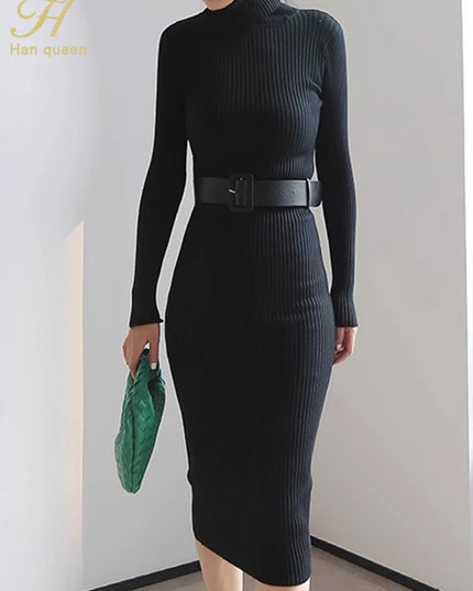 H Han Queen Knitted Turtleneck Sweater Bodycon Dress Bottoming Women Soft Elastic Autumn Winter Midi Party Dresses With Belt