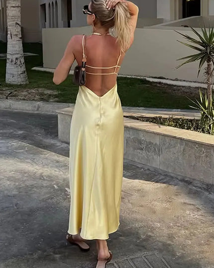 HH Women Summer Yellow Stain V Neck Sling Dress Elegant Sleeveless Loose Maxi Robes 2025 New Ladies Party Holiday Dresses