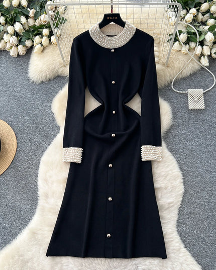 YuooMuoo Brand Fashion 2025 Autumn Winter Women Knitted Long Dress Luxury Pearls O-neck A-line Sweater Dress Office Lady Vestido