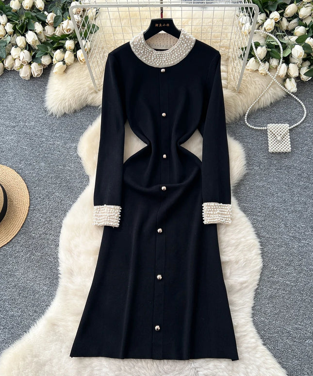 YuooMuoo Brand Fashion 2025 Autumn Winter Women Knitted Long Dress Luxury Pearls O-neck A-line Sweater Dress Office Lady Vestido