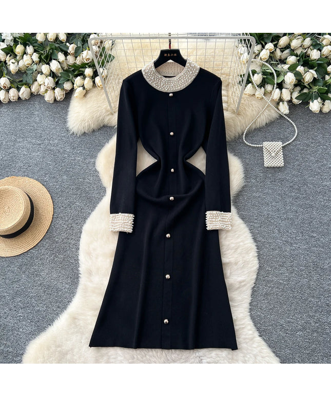 YuooMuoo Brand Fashion 2025 Autumn Winter Women Knitted Long Dress Luxury Pearls O-neck A-line Sweater Dress Office Lady Vestido