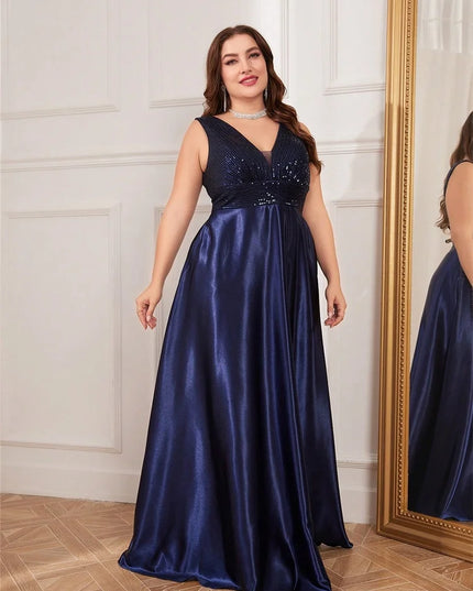Plus Size Elegant Sequins Evening Dress For Women 2025 Deep V-neck Satin Prom Party Dress Floor Length Formal Bridesmaid Gowns