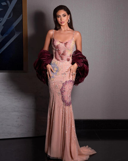 Sharon Said Luxury Pink Floral Beaded Evening Dress with Burgundy Shawl Cape Elegant Party Dress for Women SS515 Customized