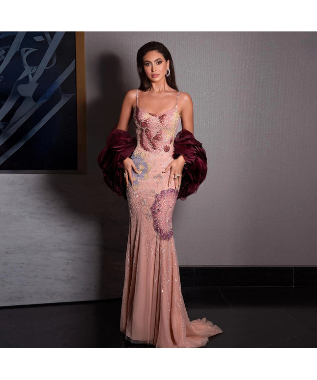Sharon Said Luxury Pink Floral Beaded Evening Dress with Burgundy Shawl Cape Elegant Party Dress for Women SS515 Customized