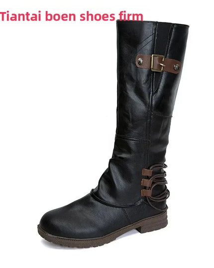 Women's round Toe Side Zipper PU Mid-Calf Boots Autumn Winter New Style Square Heel Booties Comfortable Rubber Lined Shoes