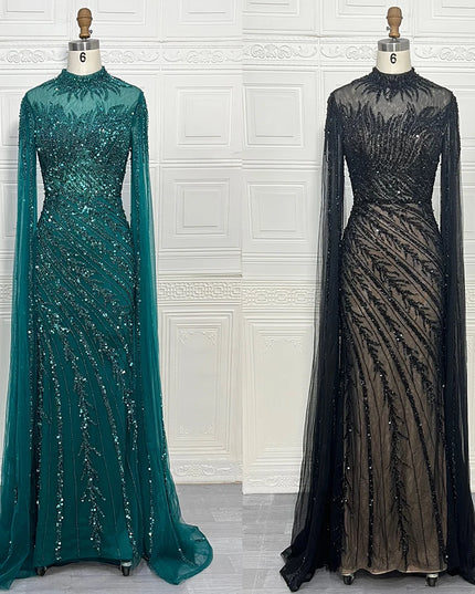 Luxury Saudi Arabia Mermaid Beaded Cape Sleeves High-Neck Evening Dresses 2025 Dubai Party Gowns for Women Wedding Customized