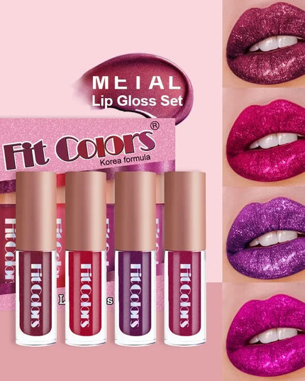 4Pcs/Set Metallic No-stick Cup Lip Gloss Pearly Diamond Fine Glitter Matte Moisturizing Waterproof Lip Glaze Liquid Lipstick Kit