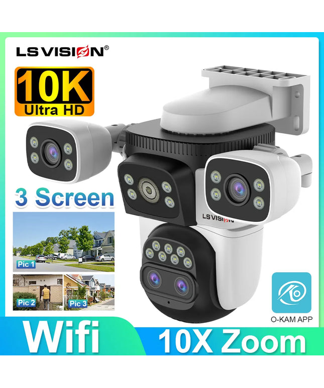 LS VISION 20mp 3 Screens Outdoor Surveillance Camera Wifi Camera 10X Zoom  10k PTZ Auto Tracking Two-way Audio Cctv Cam