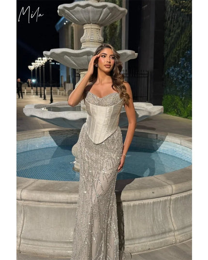 Mila Strapless Customized Gray Evening Dresses Sleeveless Back Lace-Up Prom Dress 2025 Floor-Length Wedding Party Formal Gowns