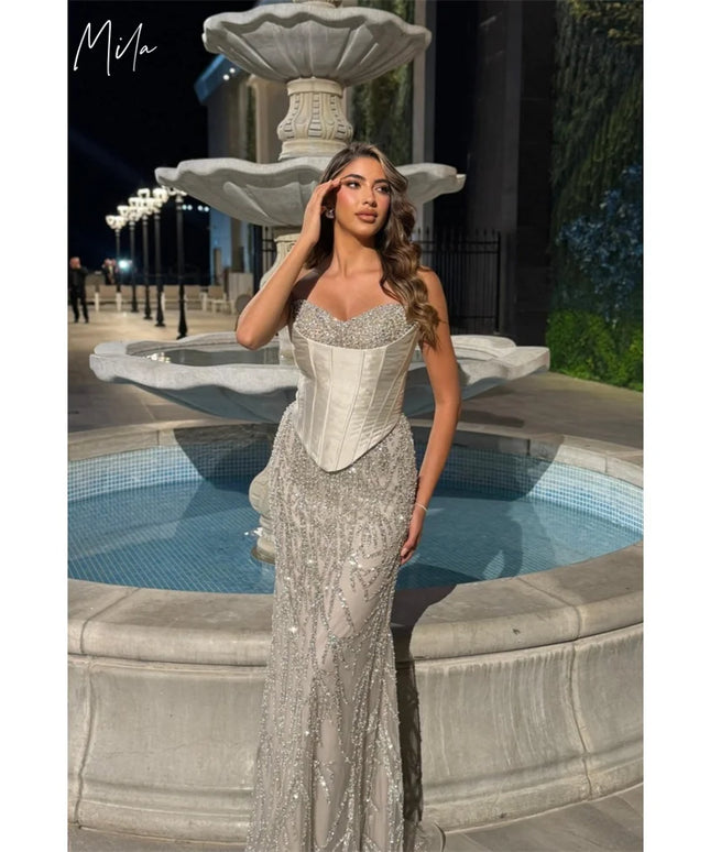 Mila Strapless Customized Gray Evening Dresses Sleeveless Back Lace-Up Prom Dress 2025 Floor-Length Wedding Party Formal Gowns