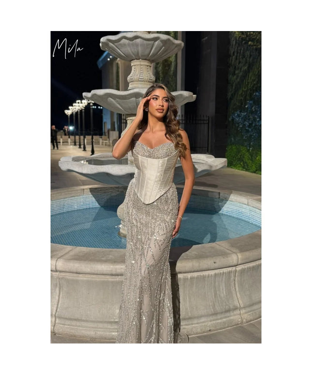 Mila Strapless Customized Gray Evening Dresses Sleeveless Back Lace-Up Prom Dress 2025 Floor-Length Wedding Party Formal Gowns