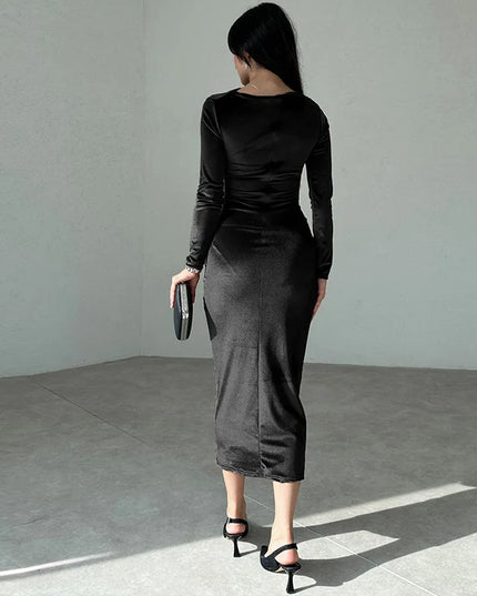 2024 Spring Summer Velvet Long Sleeve Midi Dress For Women Ruched Long Dress Elegant Party Clothes Evening Green Outfits