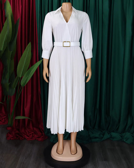 Elegant Office Dresses for Women Pleated Deep V Neck Full Sleeve Belt Waisted Ankle Length African Business Work Wear Dress New