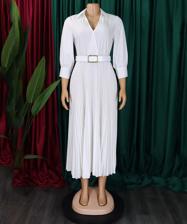 Elegant Office Dresses for Women Pleated Deep V Neck Full Sleeve Belt Waisted Ankle Length African Business Work Wear Dress New