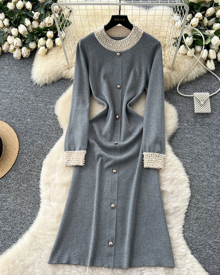 YuooMuoo Brand Fashion 2025 Autumn Winter Women Knitted Long Dress Luxury Pearls O-neck A-line Sweater Dress Office Lady Vestido
