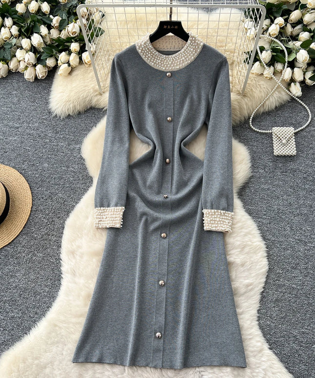 YuooMuoo Brand Fashion 2025 Autumn Winter Women Knitted Long Dress Luxury Pearls O-neck A-line Sweater Dress Office Lady Vestido