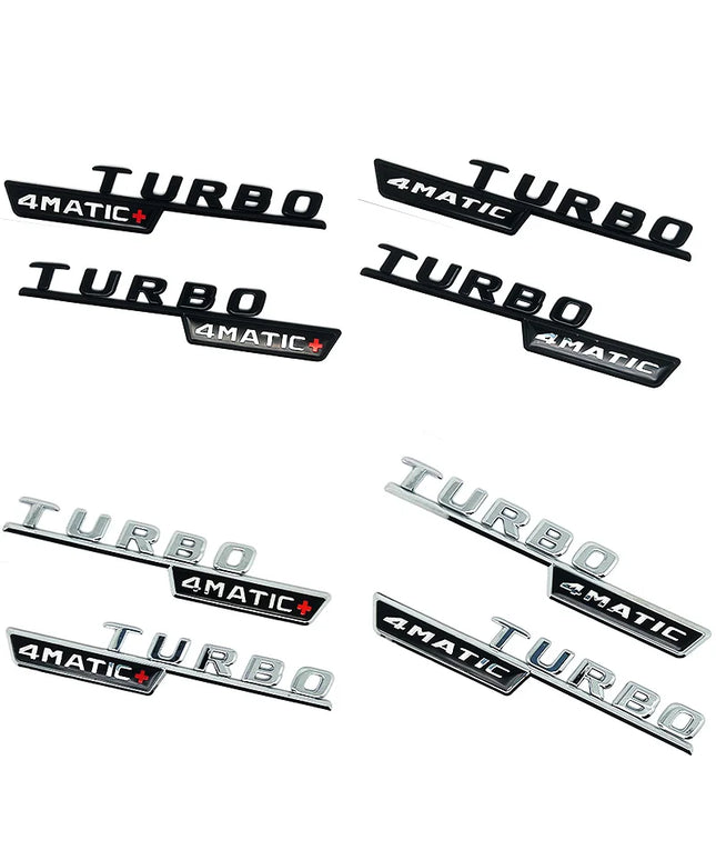 2pcs Car Letters Fender Trim Badge Turbo 4matic Plus Emblem Sticker For Mercedes AMG A45 CLA45 C117 GLA45 GLE53 X247 Accessories