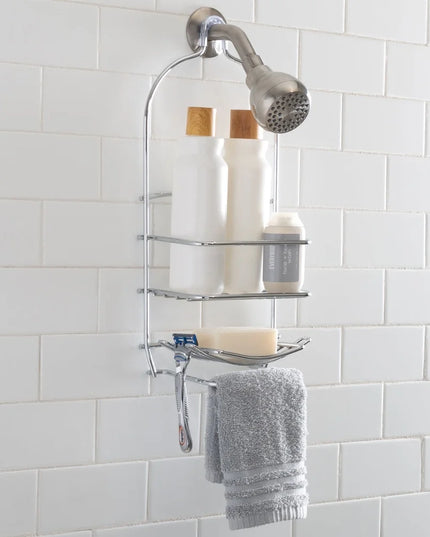 Metal Shower Caddy Chrome 3-Tier Storage Organizer with Hooks Bathroom Durable Rust-Resistant Hanging Shower Head Accessory