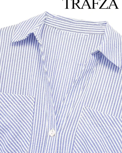 Women's Elegant Rolled Sleeve Blue Striped Shirt Dress Single Breasted Lapel With Belt High Waist Long Sleeve Dresses