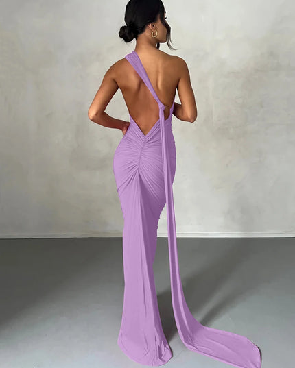 Hugcitar One Shoulder Backless Adjustable Scarf Loop Ruched Sexy Maxi Dress Women Elegant Y2K Streetwear Festival Outfit