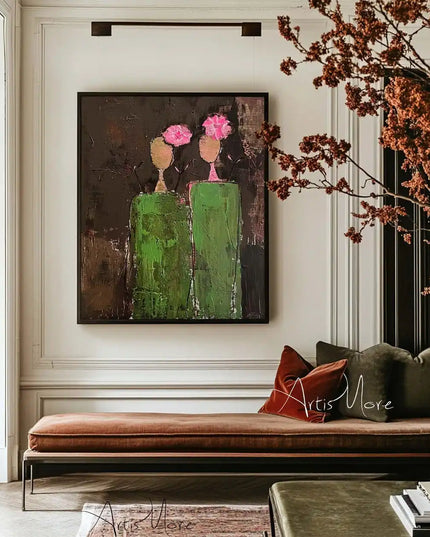 Mhemyo Abstract Woman Figure Handmade Painting Large Brown Green Texture Painting Vintage Abstract People Art Wabi Sabi Wall Art