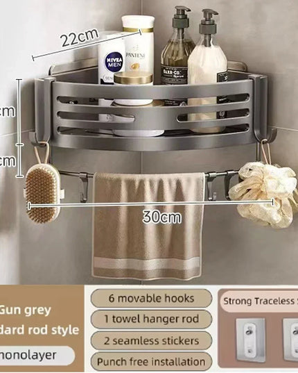 1-2PCS Shower Corner Shelf with Towel Bar Hook Space Aluminum Bathroom Shelf Without Drilling Shampoo Holder Bathroom Accessorie