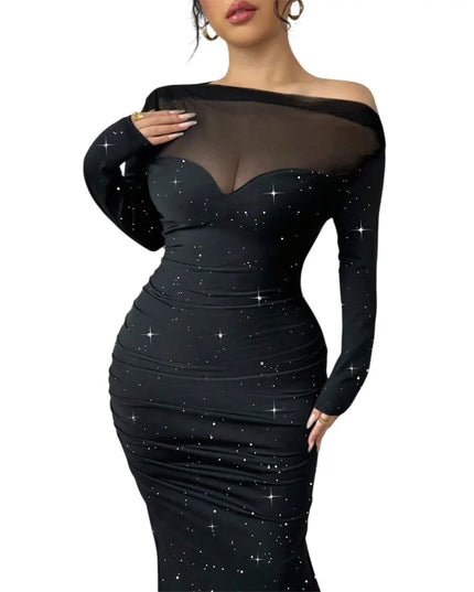 Plus Size Women's Sexy Sequin Sheer Mesh Off Shoulder Sleeve Bodycon Party Cocktail Club Evening Banquet Maxi Dress Size 1XL-5XL