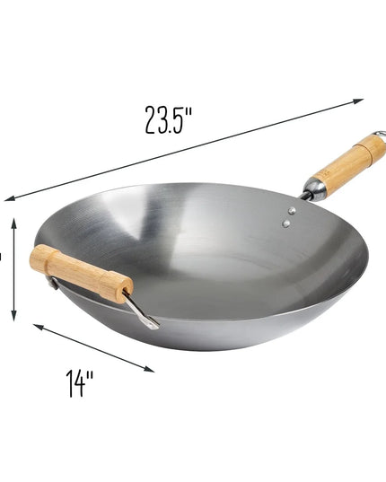 14 Inch Round Bottom Carbon Steel Wok with Birch Handles Induction Safe Non Stick Traditional Asian Cooking Essential Hand Wash
