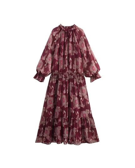 KONDALA Vintage Red Flower Print Chiffon Long Dress Long Sleeve O Neck Ruffles Loose Dress Fashion 2025 Spring Autumn Boho Dress