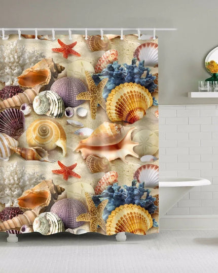 Seaside Scenic Beach Shells Shower Curtains Starfish Conch Blue Board Palm Trees Sunset Nature Scenery Bathroom Curtain Decor