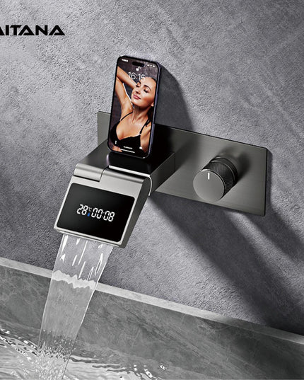 Luxury gun gray brass wall mounted bathroom faucet with LED digital display Single handle hot & cold water embedded bathroom Tap